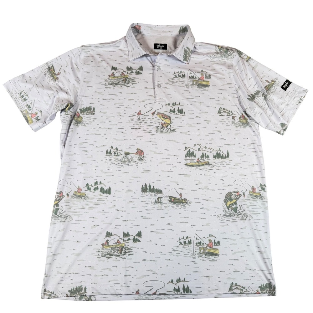 Waggle Golf Polo Shirt Mens XL White Fishing Print Performance Stretch Bass